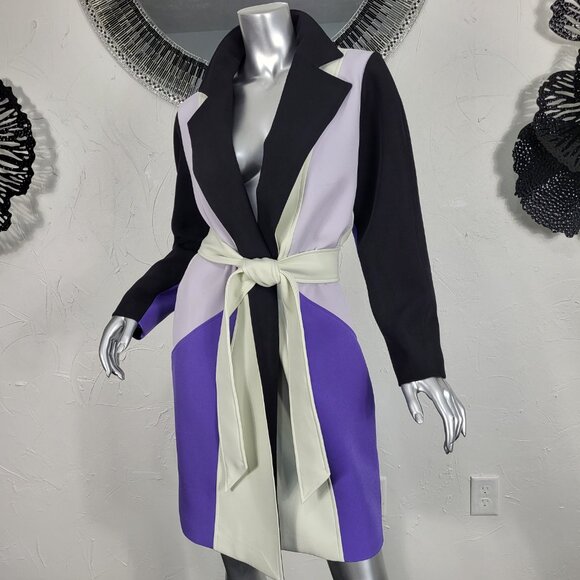 NWT~$695~TOCCIN~SZ S~STUNNING PURPLE BLACK BELTED COLORBLOCK TRENCH COAT JACKET - Picture 6 of 16